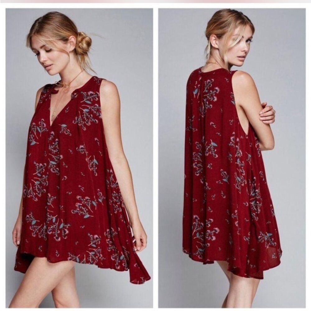 Free People Tree Swing Tunic Burgundy Floral Red Sleeveless Dress Blouse